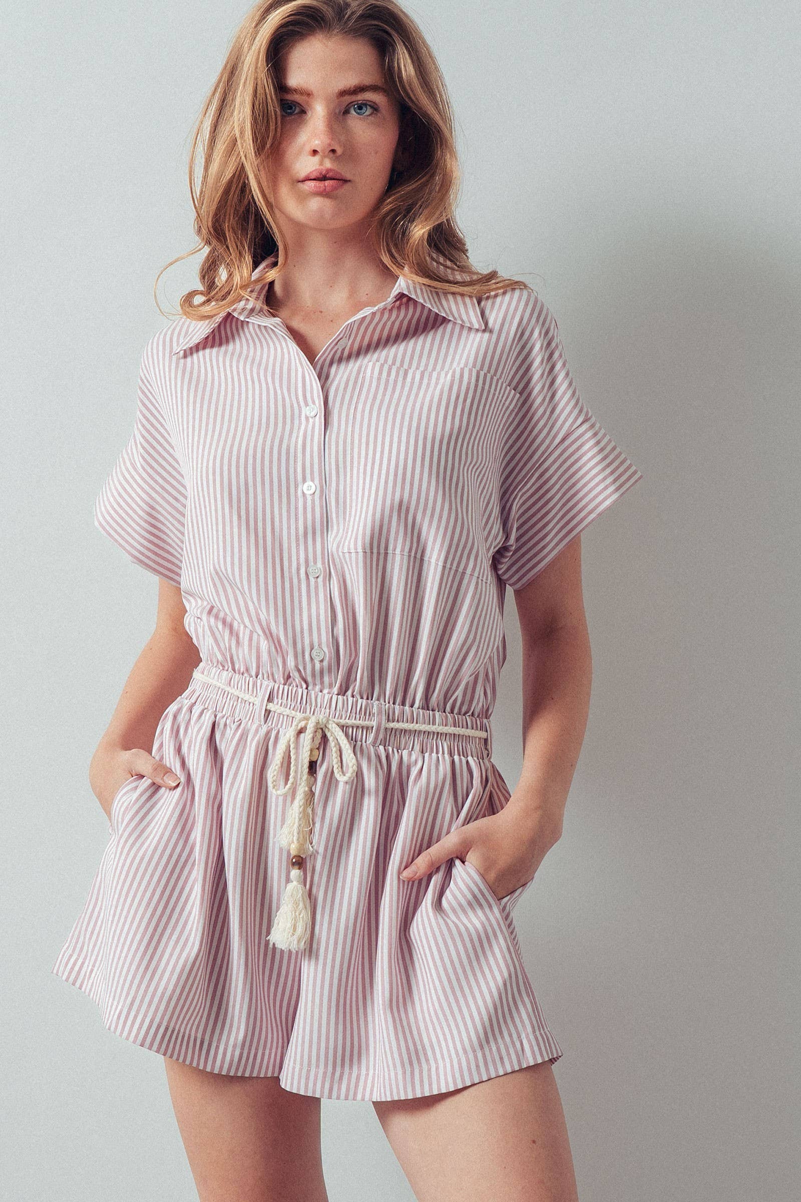 Striped Tassel-Belt Collared Romper
