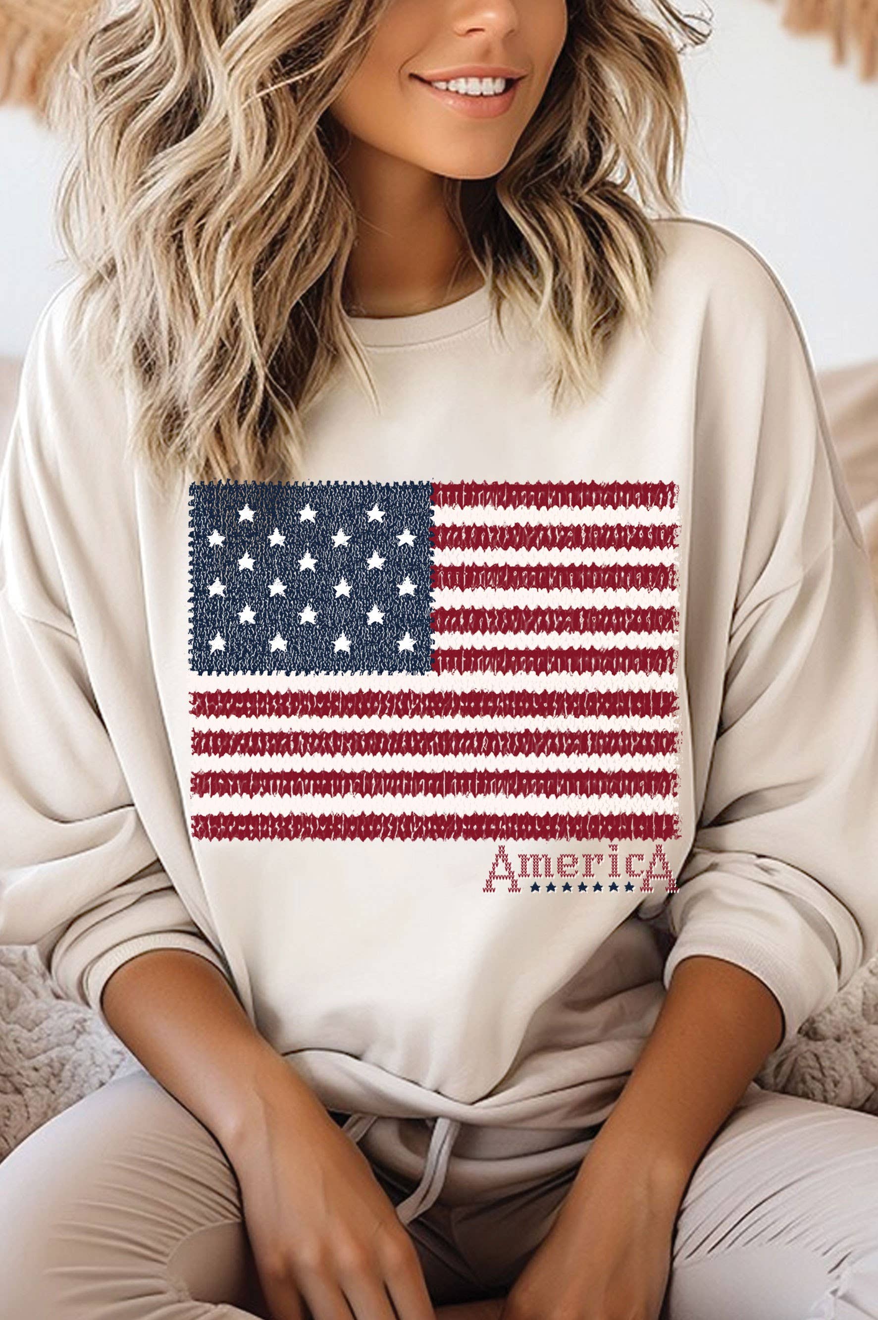 America Knit Flag Graphic Brushed Sweatshirts