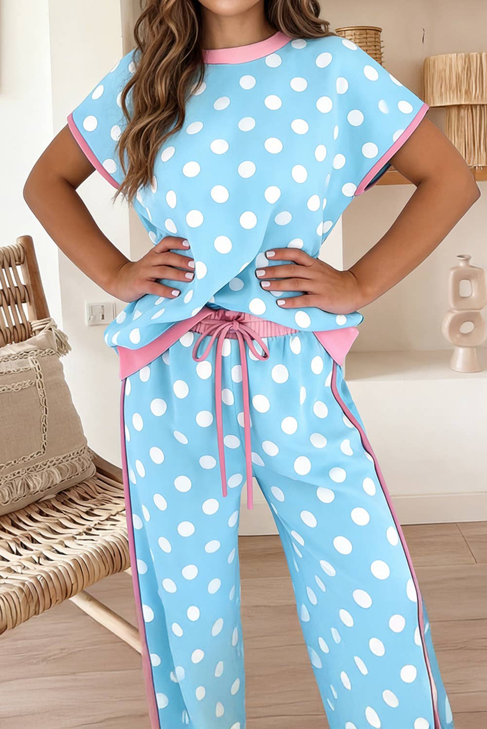 Camo/Polka Dot Short Sleeve Top and Pants Set (S-Xl)
