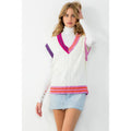 Cream Knit Vest Top with Sleeveless V Neck Color Detail