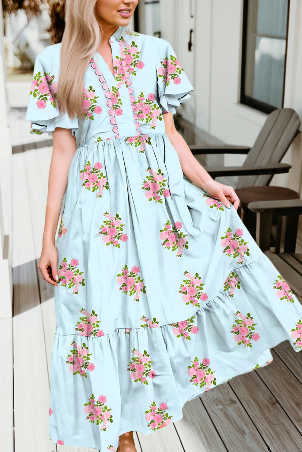 Notched Neck Flutter Sleeve Floral Print Maxi Dress (S-4X)