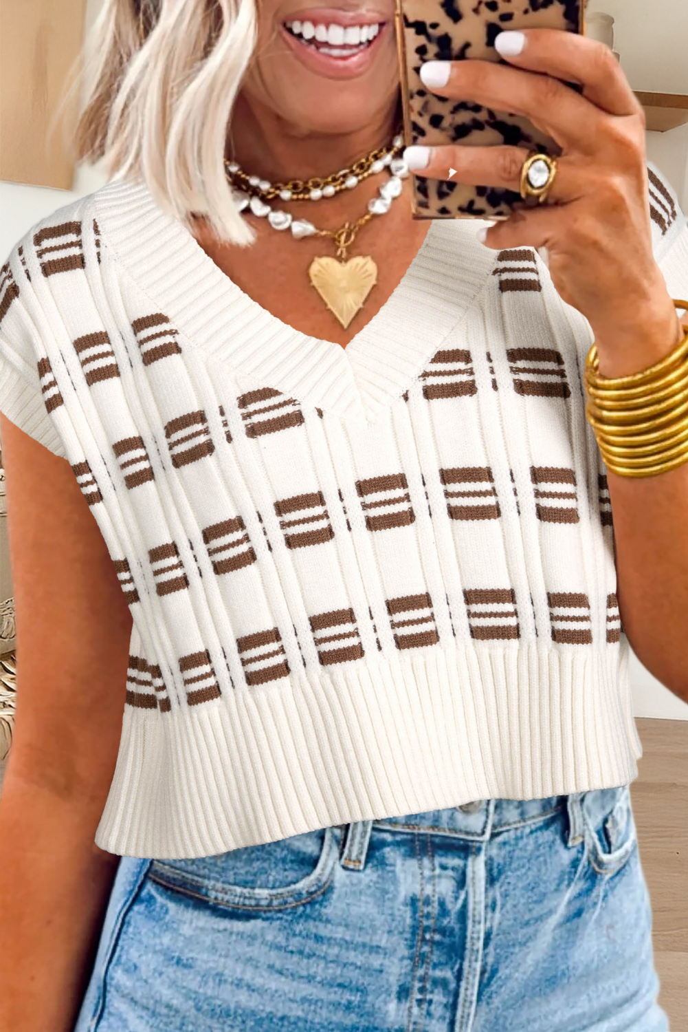 Geometric Textured Knit V Neck Cropped Sweater Vest (S-Xl)