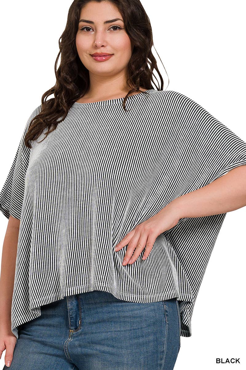 `.Plus Size Ribbed Striped Oversized Short Slee