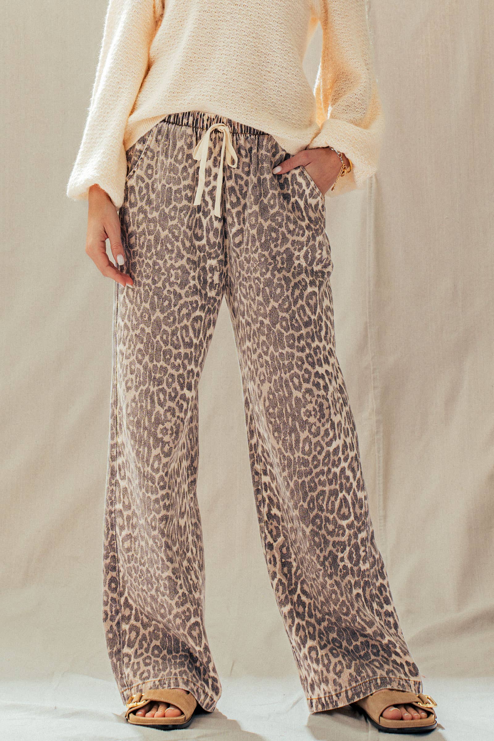 Leopard Print Wide Leg Cotton Pants Drawstring