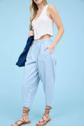 High Waist Pleated Denim Capri Pants