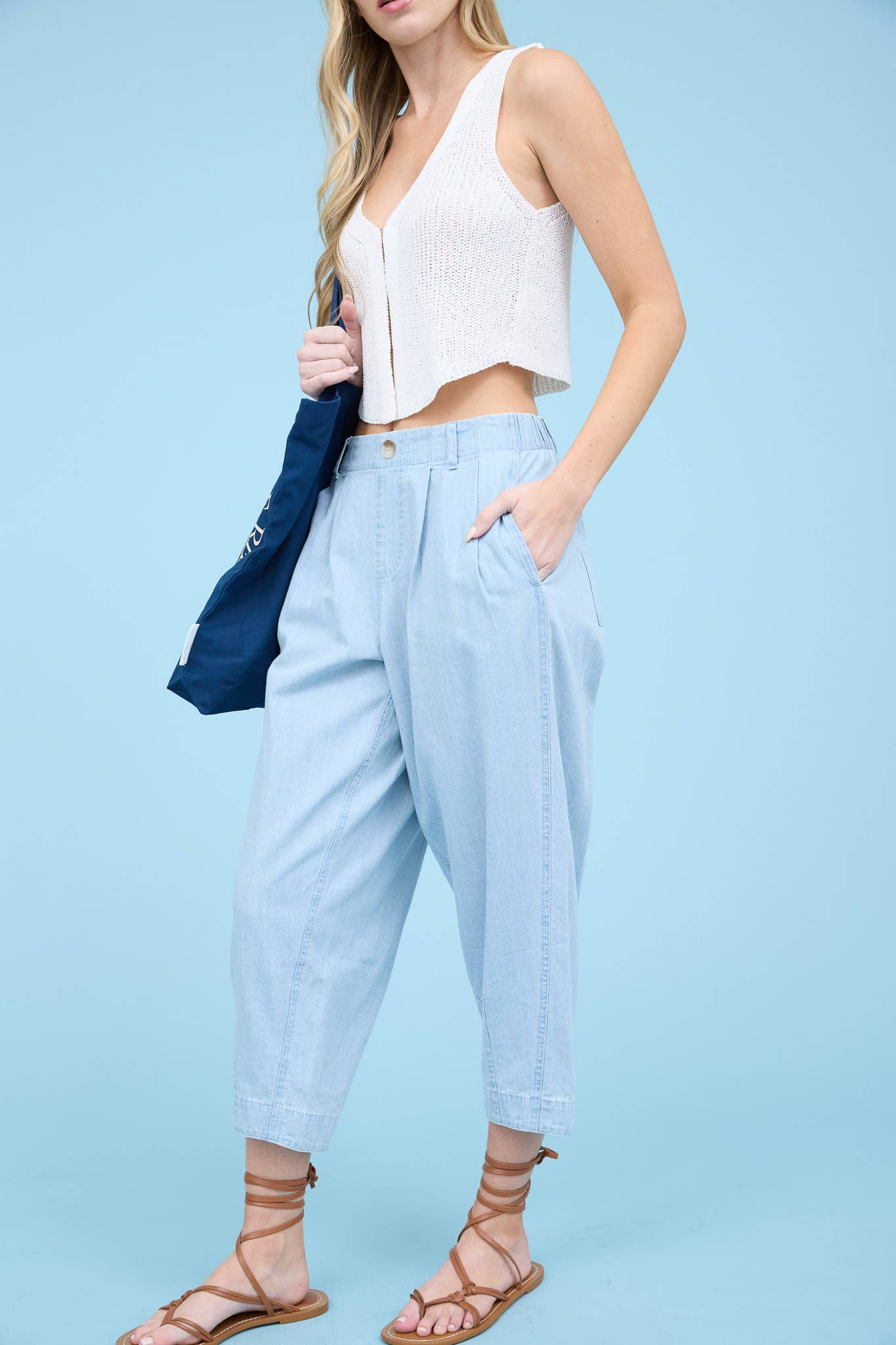 High Waist Pleated Denim Capri Pants