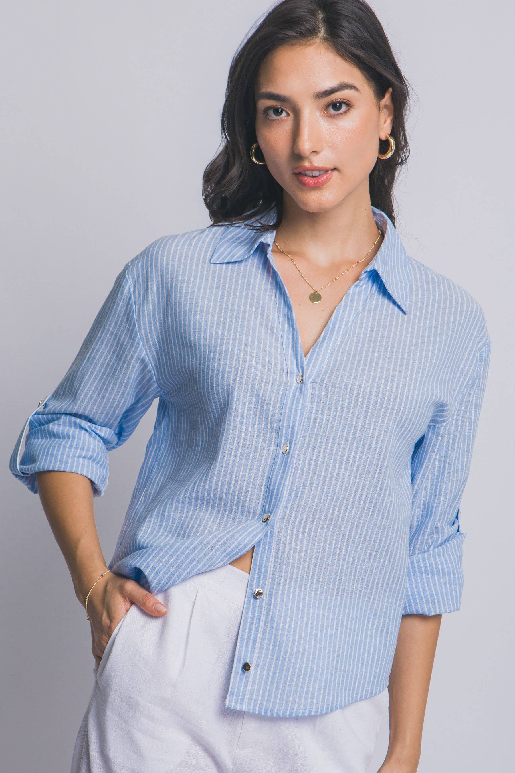 0114 Striped V-Neck Linen Shirt SI-29356