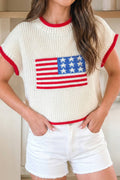Flag Print Cropped Short Sleeve Sweater (S-Xl)