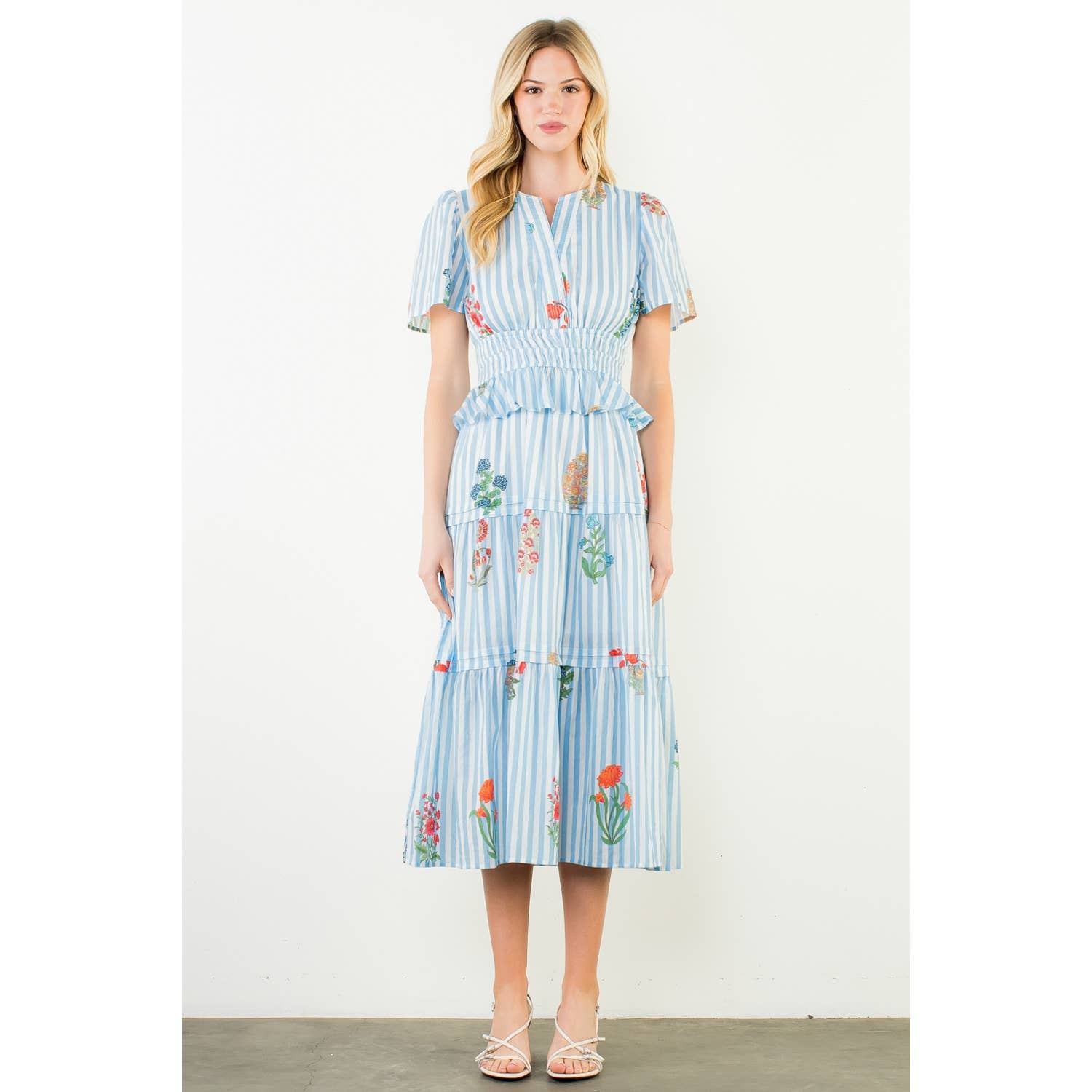 Short Sleeve Striped Floral Detail Tiered Dress