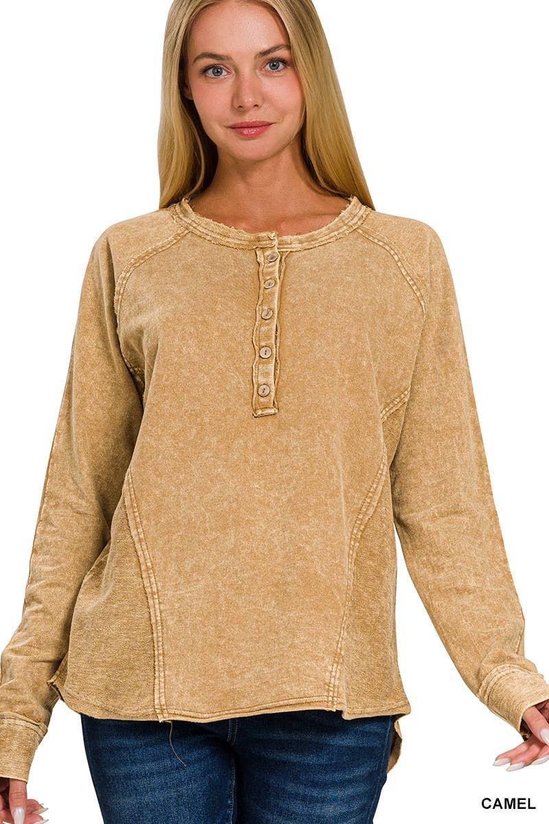 ....Washed F/Terry Button Henley Top