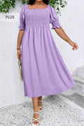 Plus Size Swiss Dot Smocked Frilled Neckline Dress