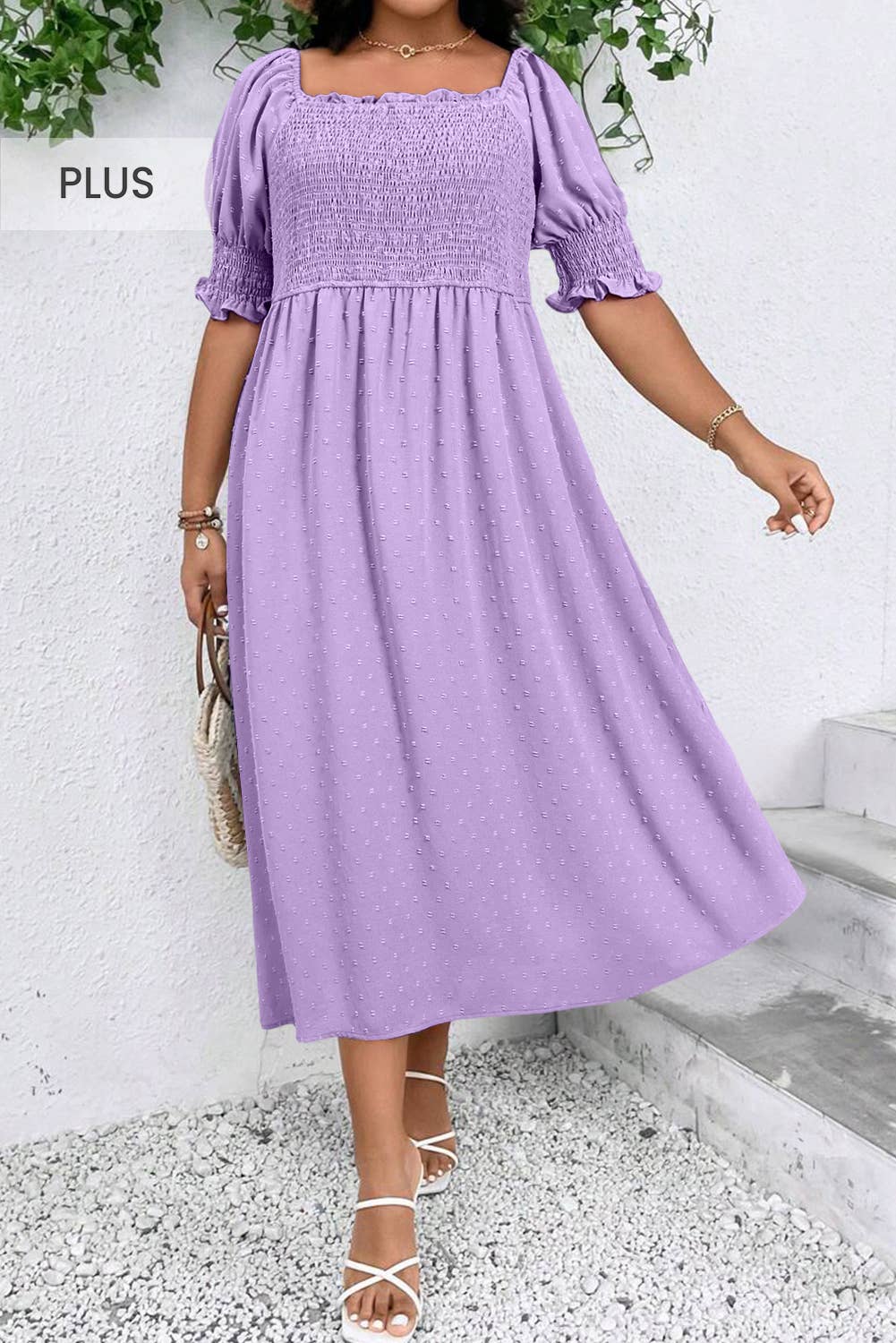 Plus Size Swiss Dot Smocked Frilled Neckline Dress