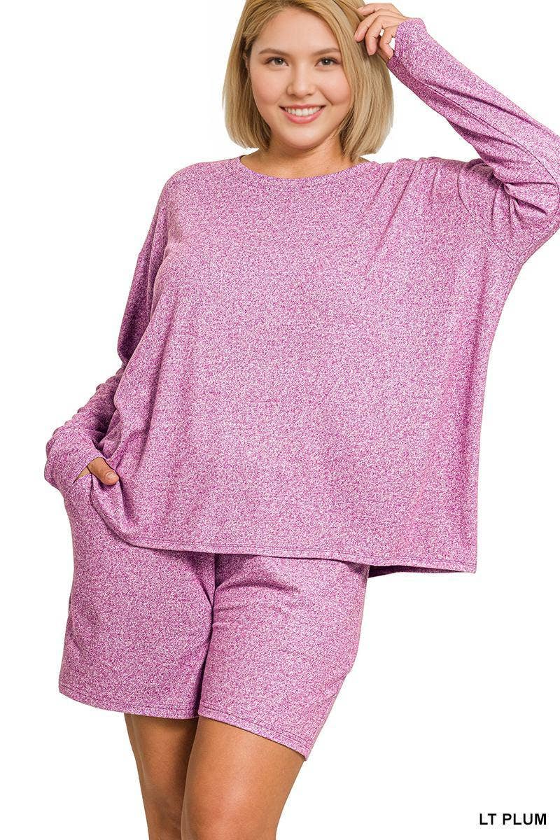 0108 Plus Soft Melange Long Sleeve Tee & Shorts Set SI-29016