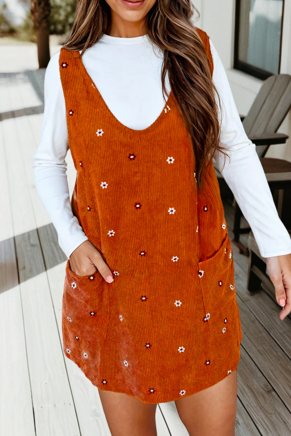 Floral Embroidered Corduroy Overall Mini Dress (S-Xl)