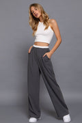 ...._ SI-26643 Contrast Waist Band Straight Long Pants