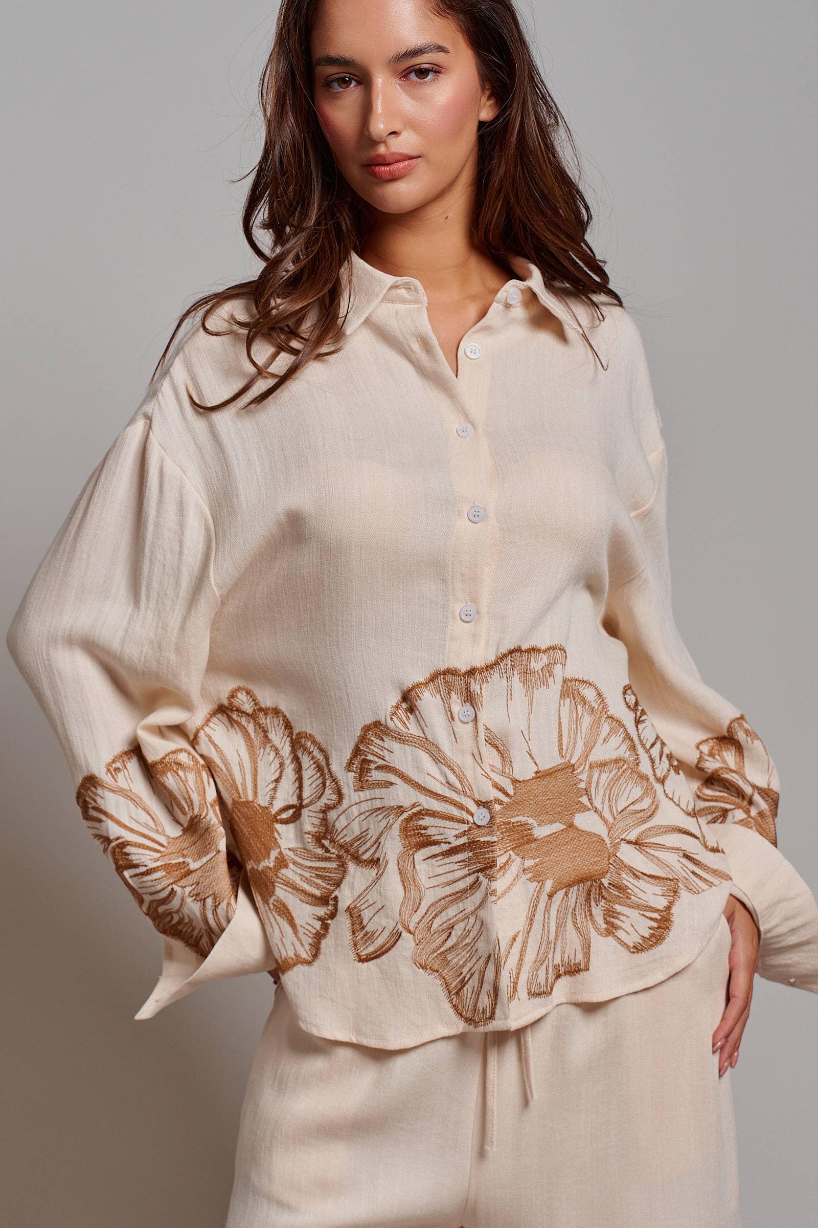 Floral Embroidered Oversized Button Down Shirt