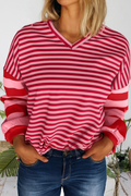 66 Striped Drop Shoulder Patchwork V Neck Pullover (S-Xl)