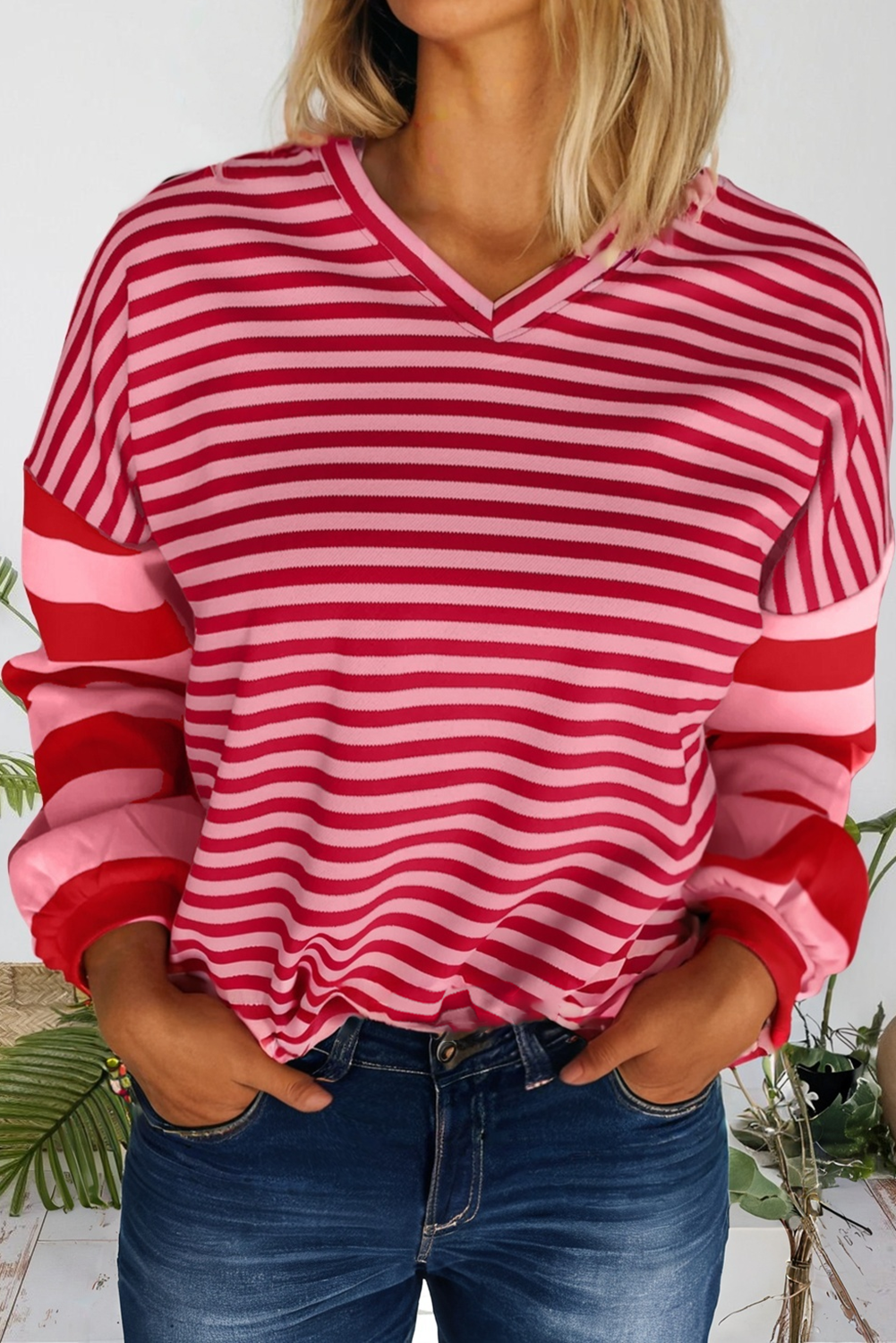 66 Striped Drop Shoulder Patchwork V Neck Pullover (S-Xl)