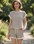,,..0212 Stripe Contrast Trim Top & Shorts Set SI-29345