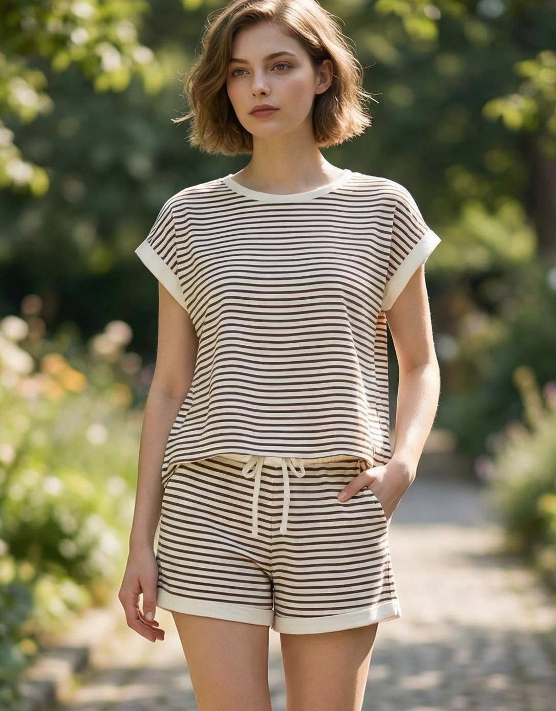 ,,..0212 Stripe Contrast Trim Top & Shorts Set SI-29345