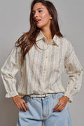 Floral Stripe Cotton Button Down Blouse with Gathered Sleeves