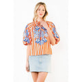 Puff Sleeve Embroidery Detail Striped Top