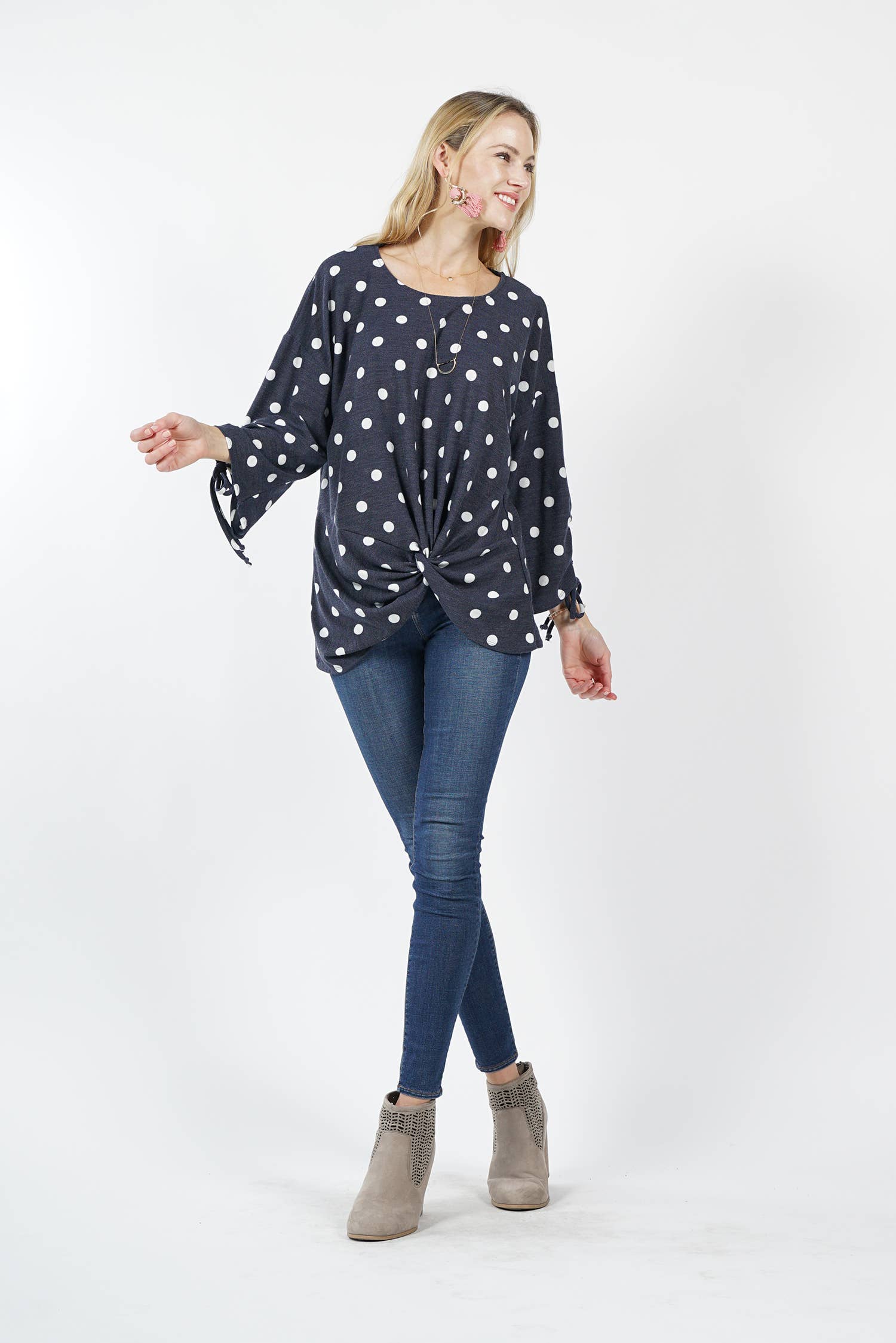0222 Polka Dot Knit Top with Front Knot SI-10891