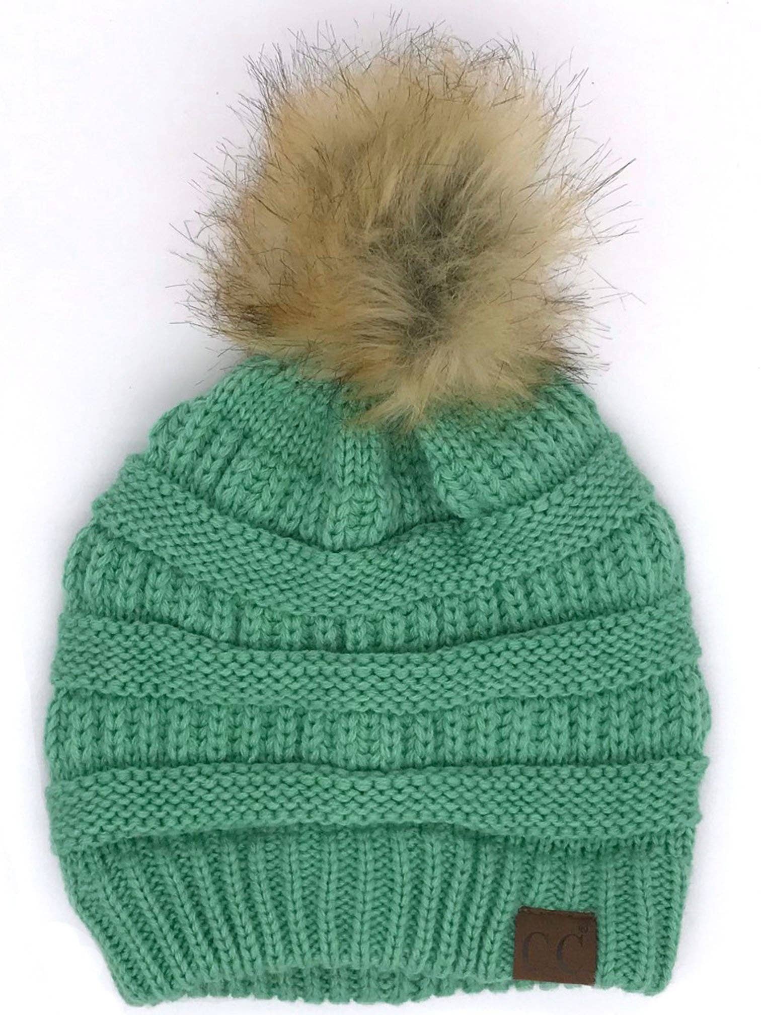 Hat-43 Beanie W/Faux Fur Pom - Sage