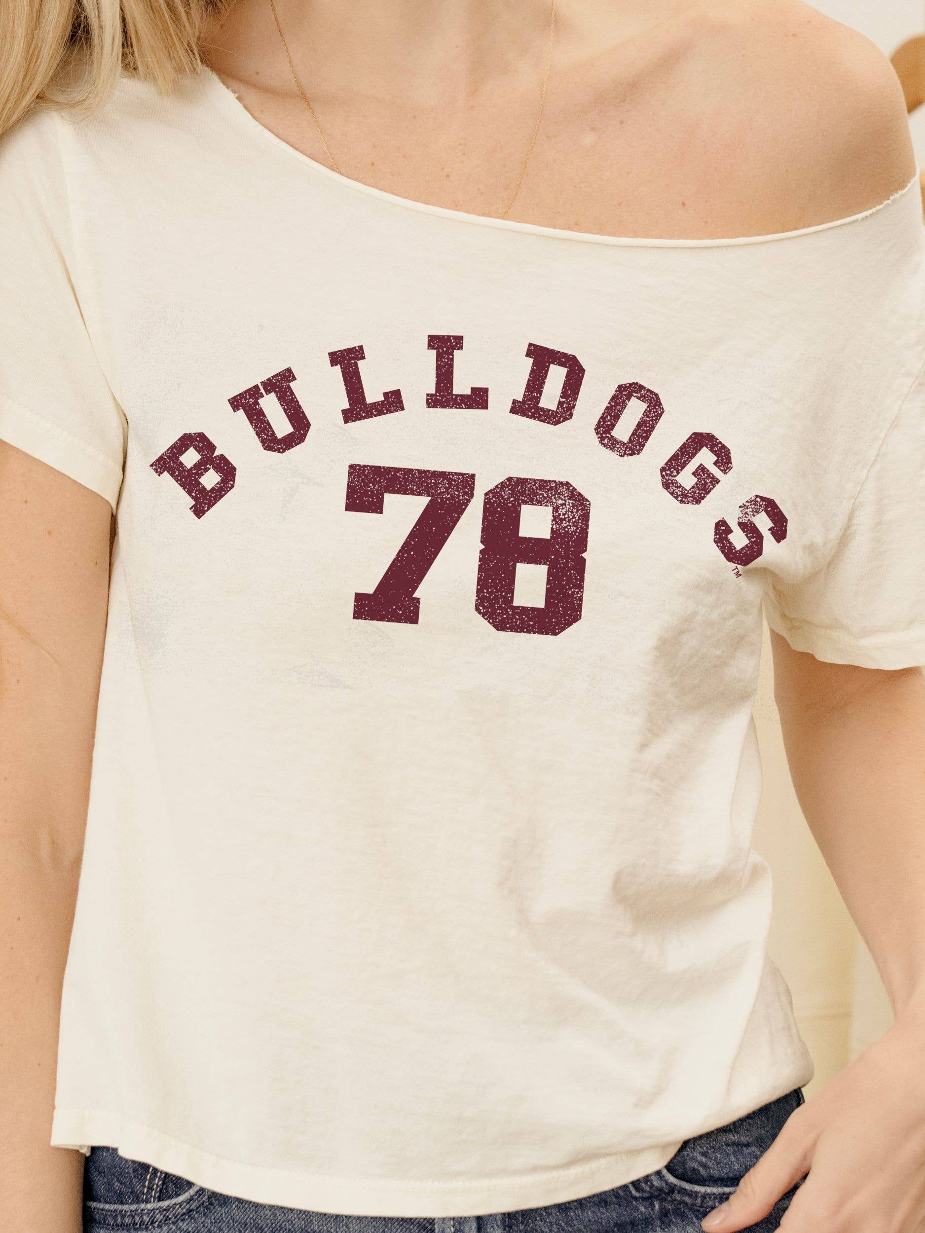 Miss. State Bulldogs College Arch Off White Off Shoulder Tee