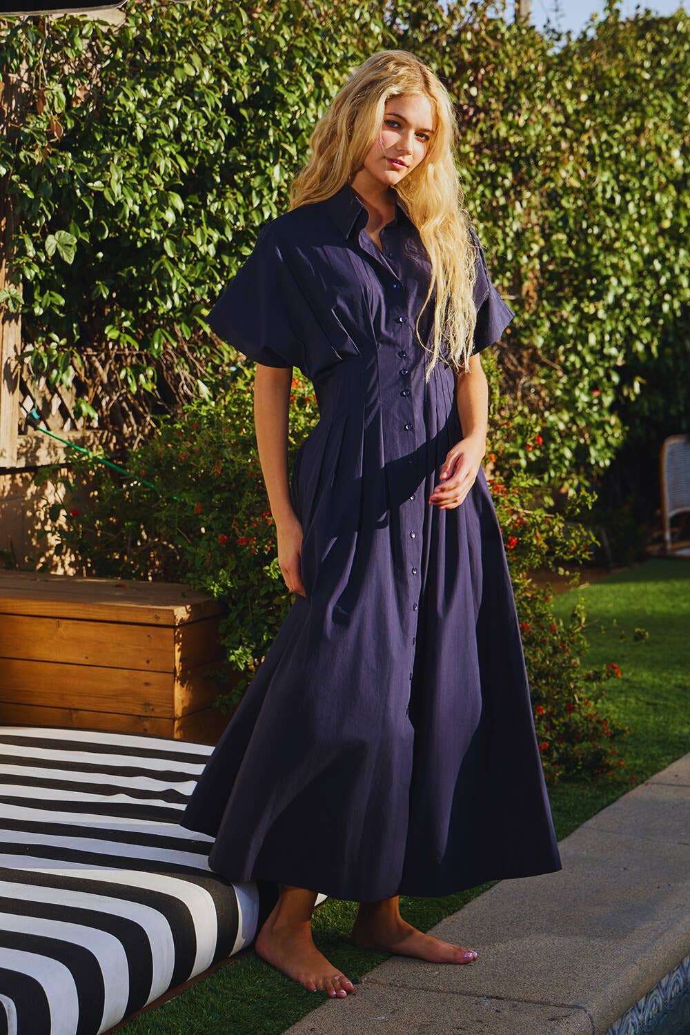 ID4348 Cotton Poplin Button-Front Pleated Midi Shirt Dress