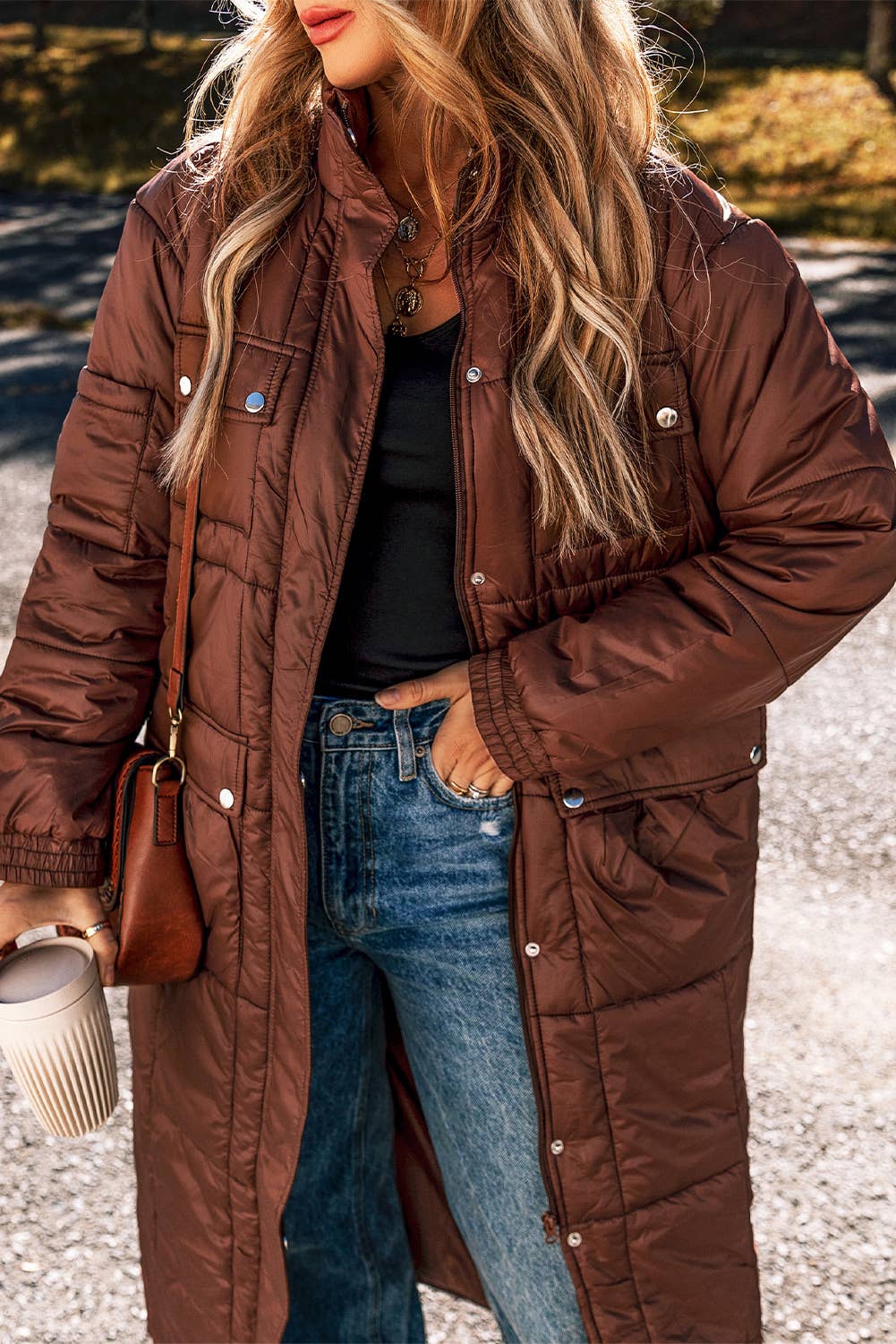 Quilted Puffer Stand Neck Zipped Mid-Length Coat