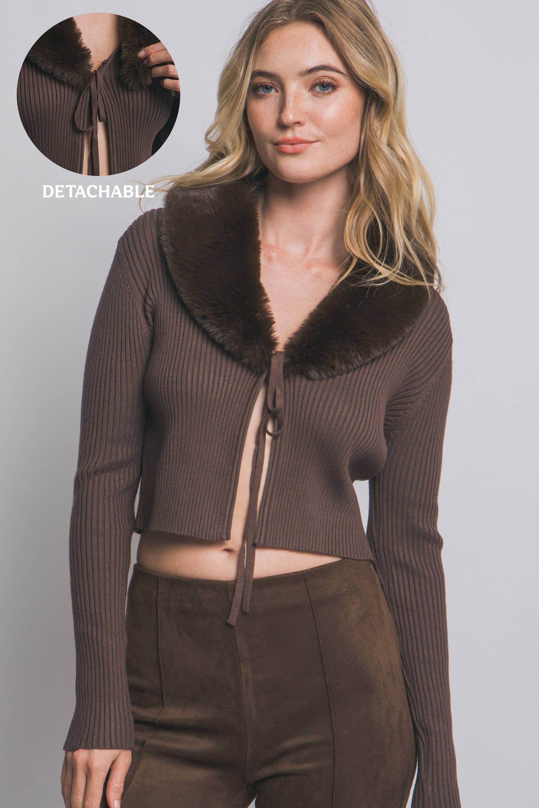 .....0806 Detachable Faux Fur Collar Sweater Cardigan SI-28202