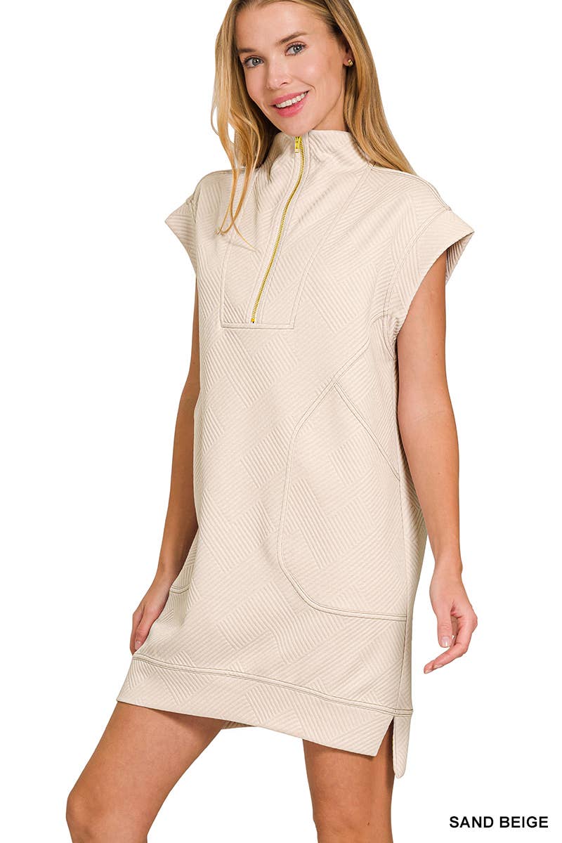 Textured Knit Jacquard Quarter Zipper Dress