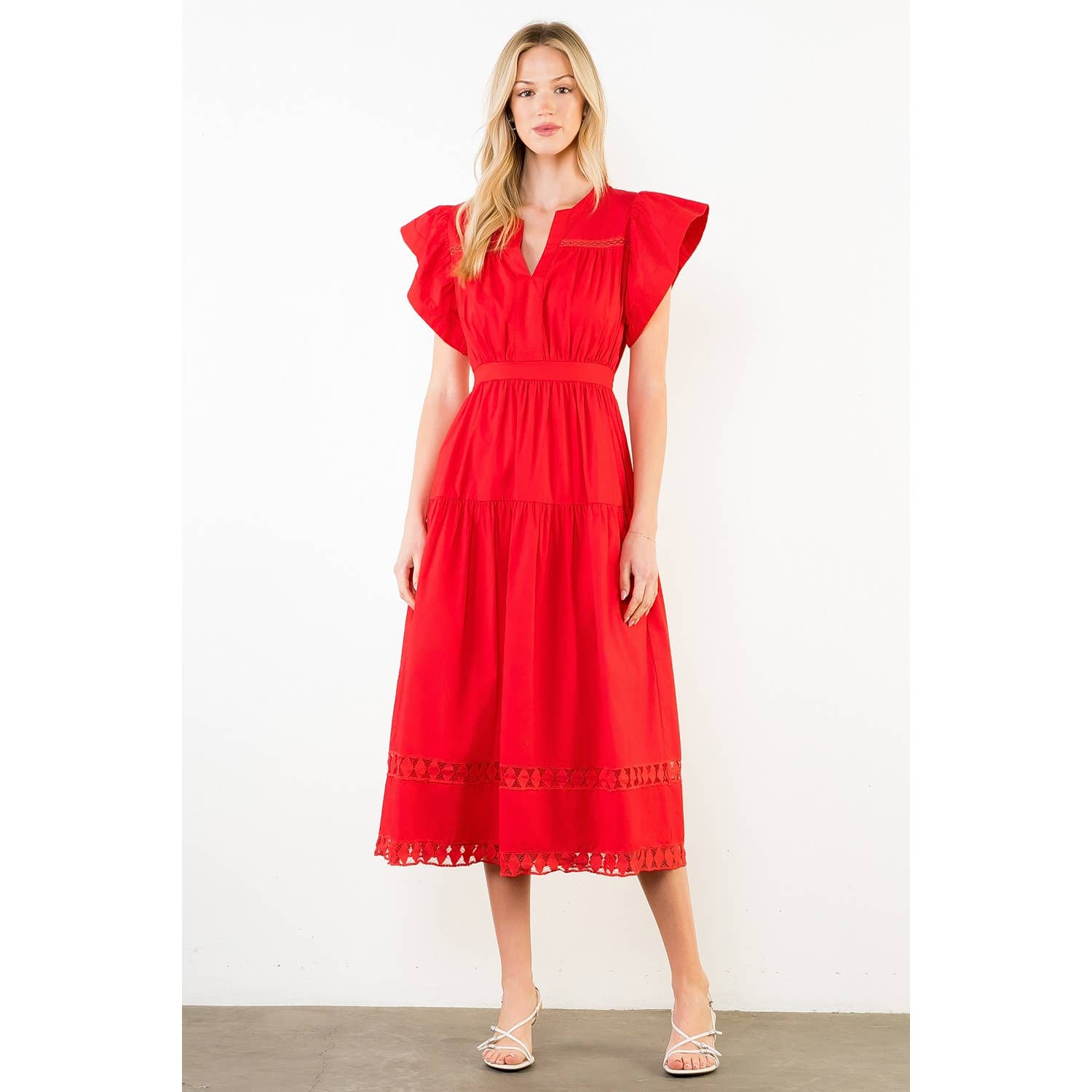 Ruffled Sleeves V-Neck Tiered Midi Dress
