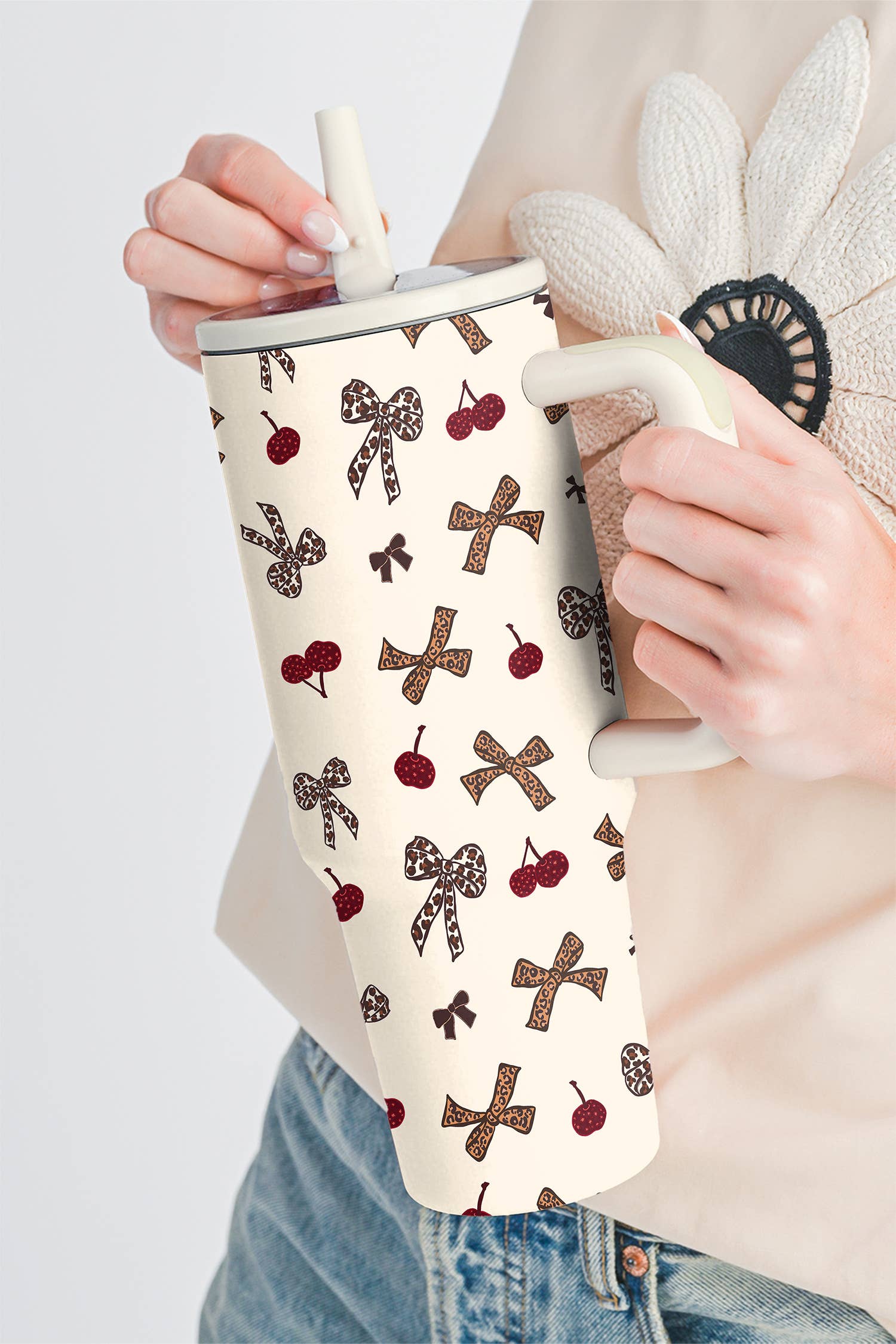 Leopard Cheery Bow Printed Handle Flip Straw Travel Cup