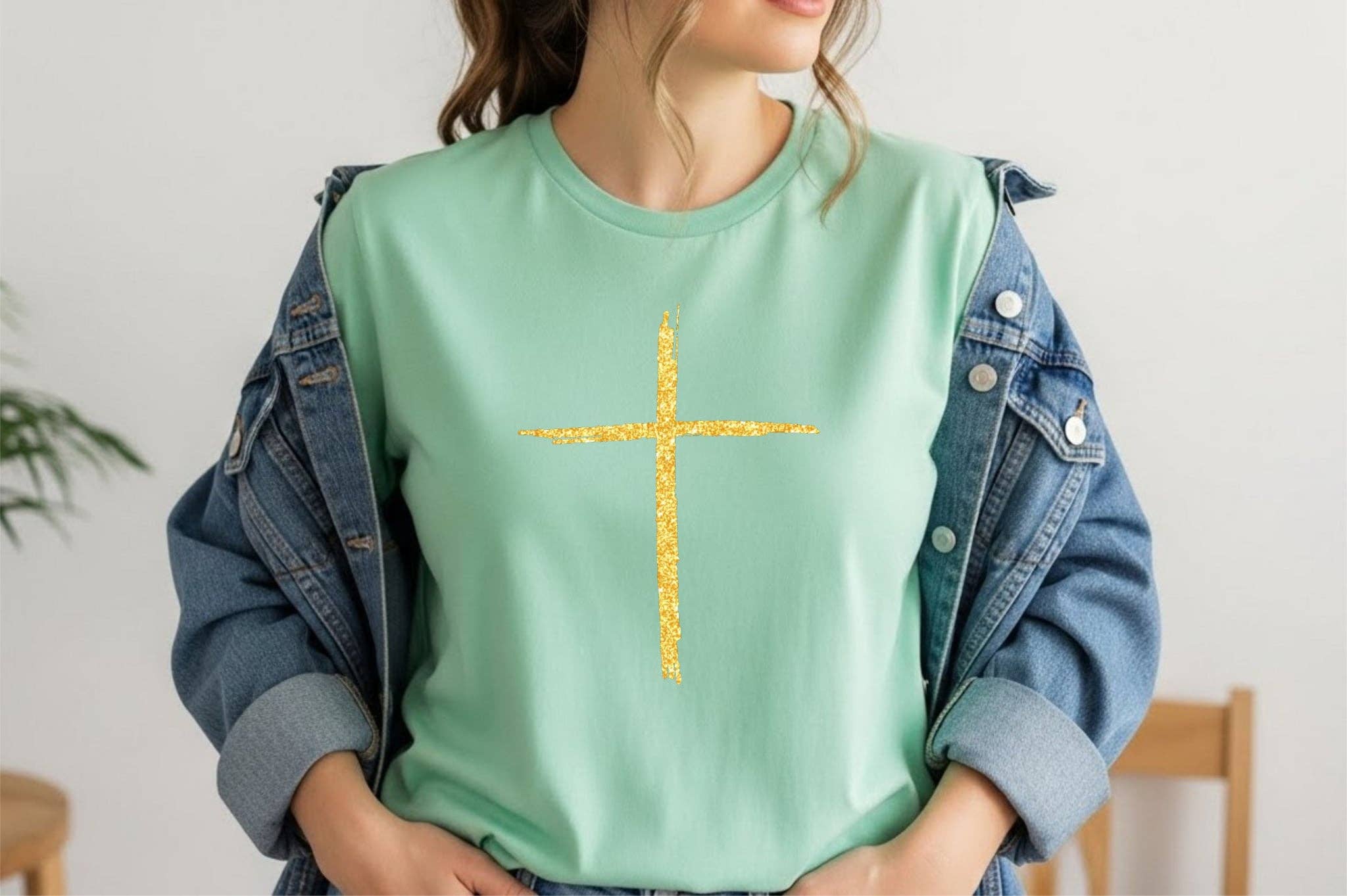 Christian Mint Spring Gold Cross Bella Graphic Tee
