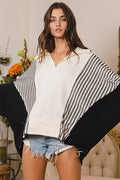 T2087-1  Oversized Spread Collared V-Neck Contrast Top