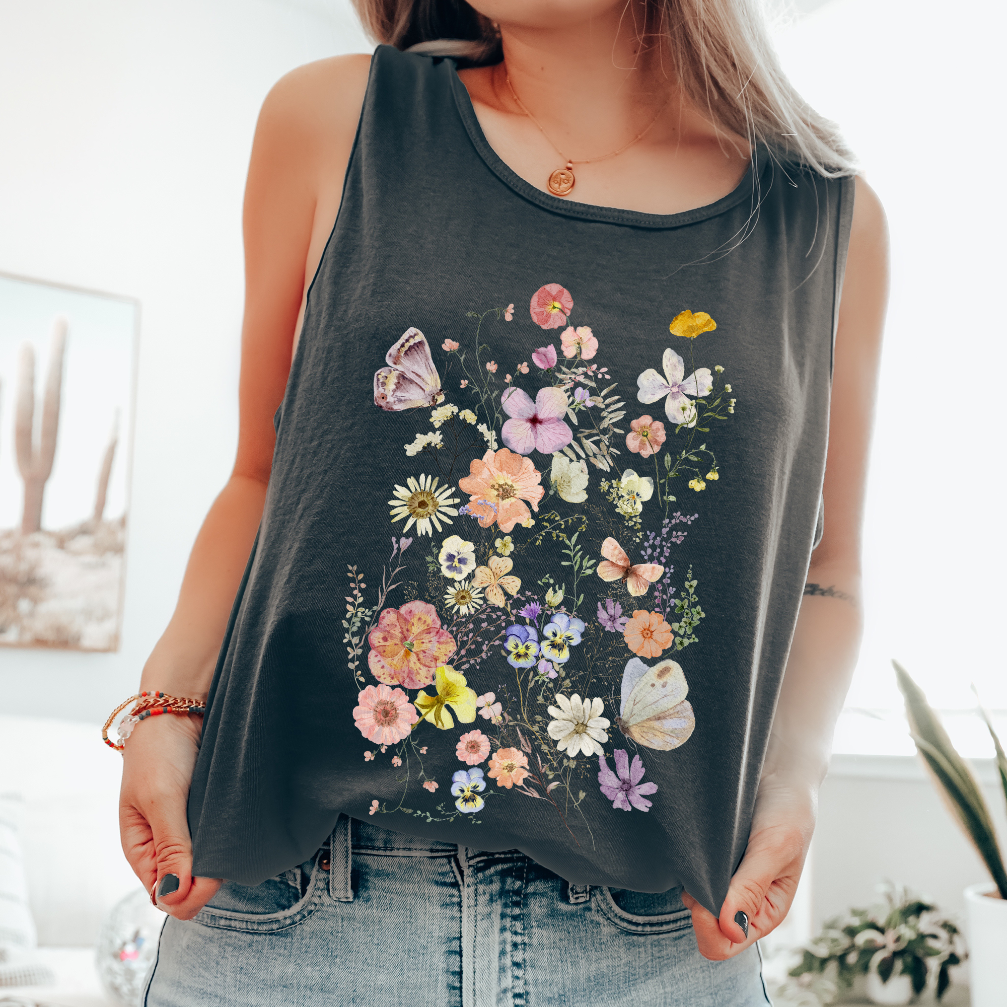 Pressed Flowers Butterfly Delicate Beautiful Nature Tank Top