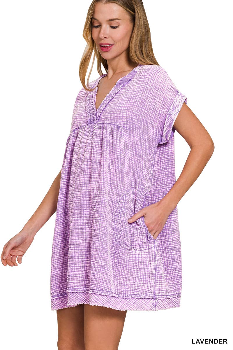 .....0227 Washed Double Gauze Raw Edge Dress w/ Pockets SI-29552
