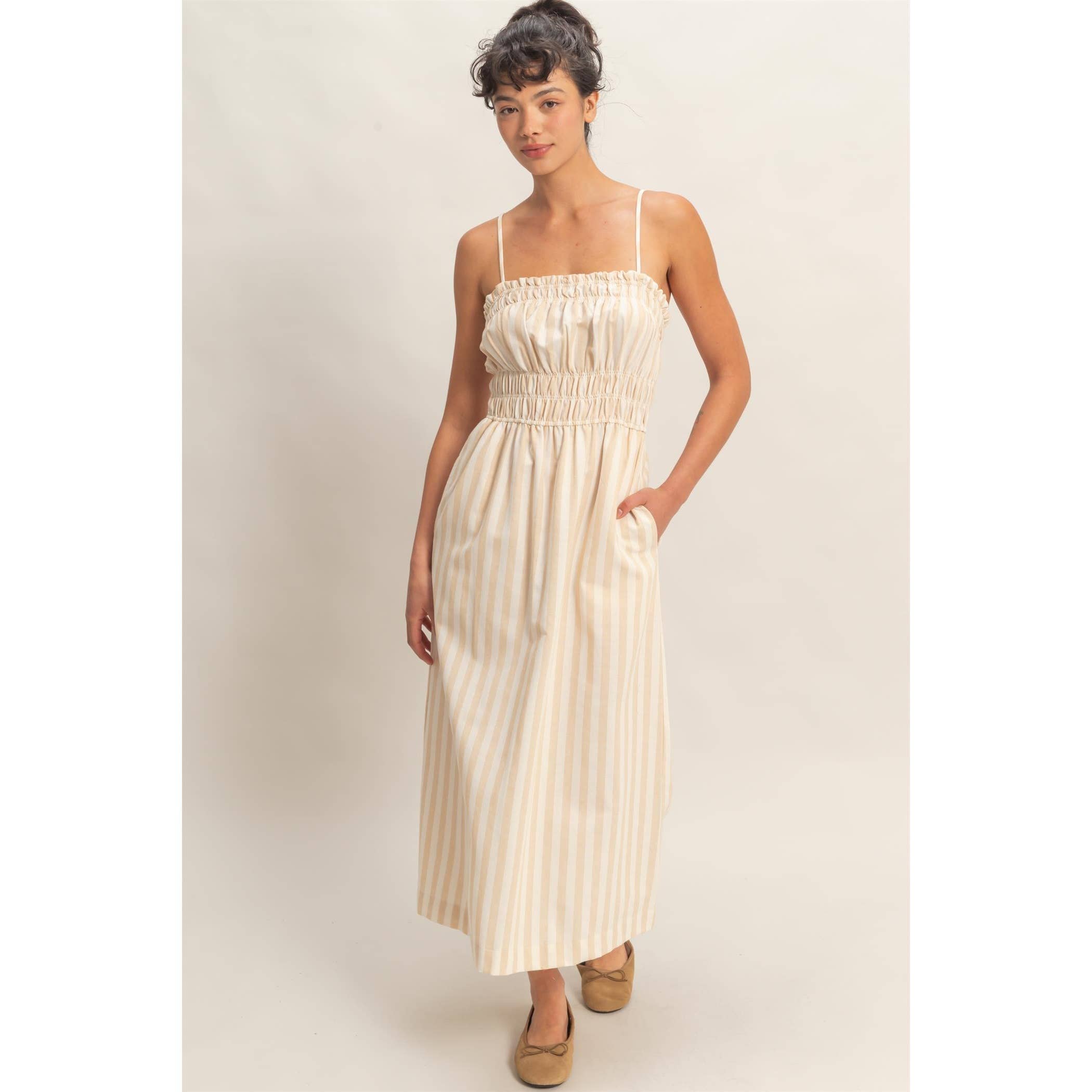 Striped Spaghetti Strap Smocking Midi Dress