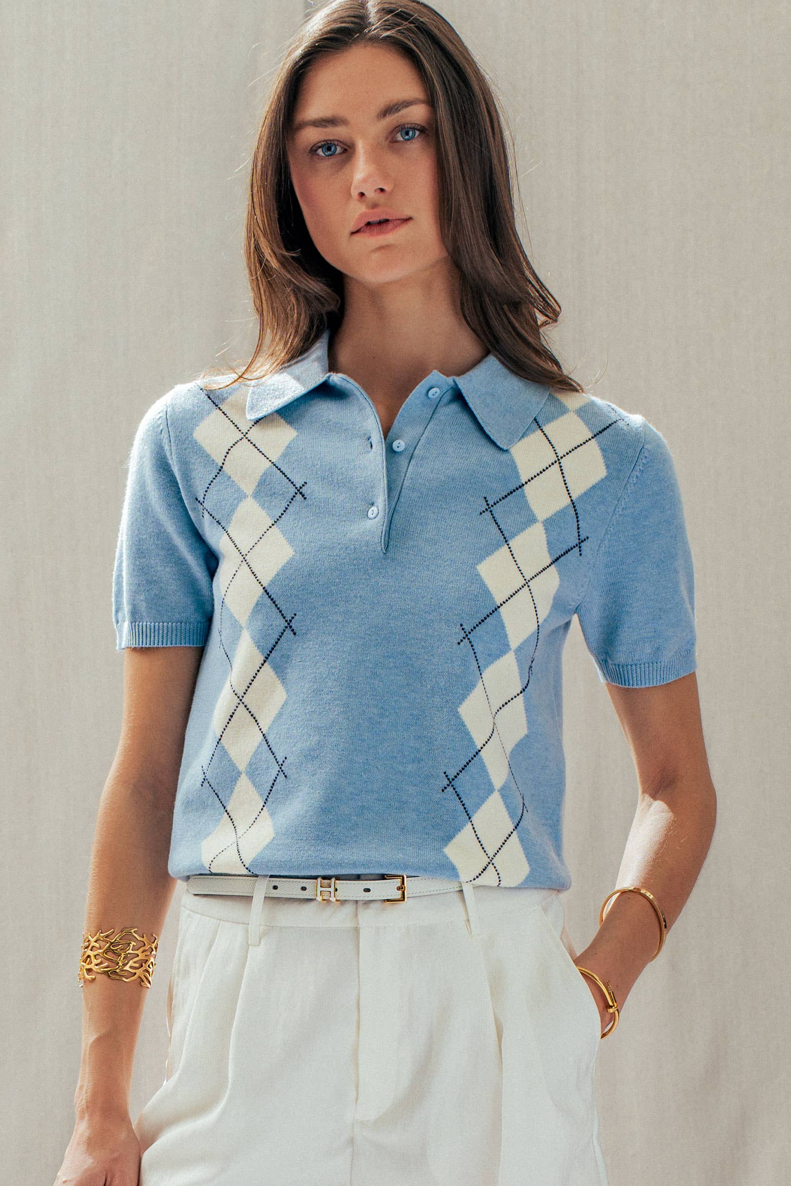 Preppy Argyle Short Sleeve Sweater