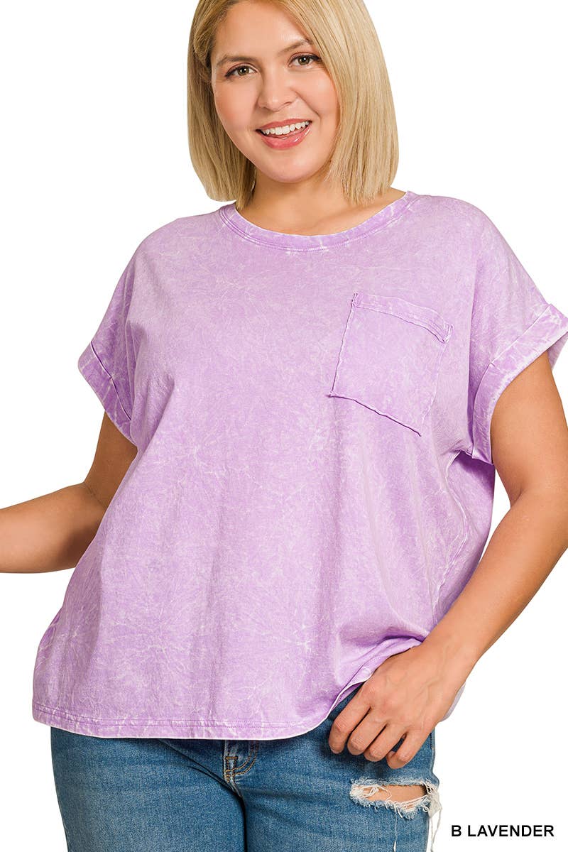 0225 Plus Crinkle Washed Round Neck Folded Short Sleeve Tee SI-29