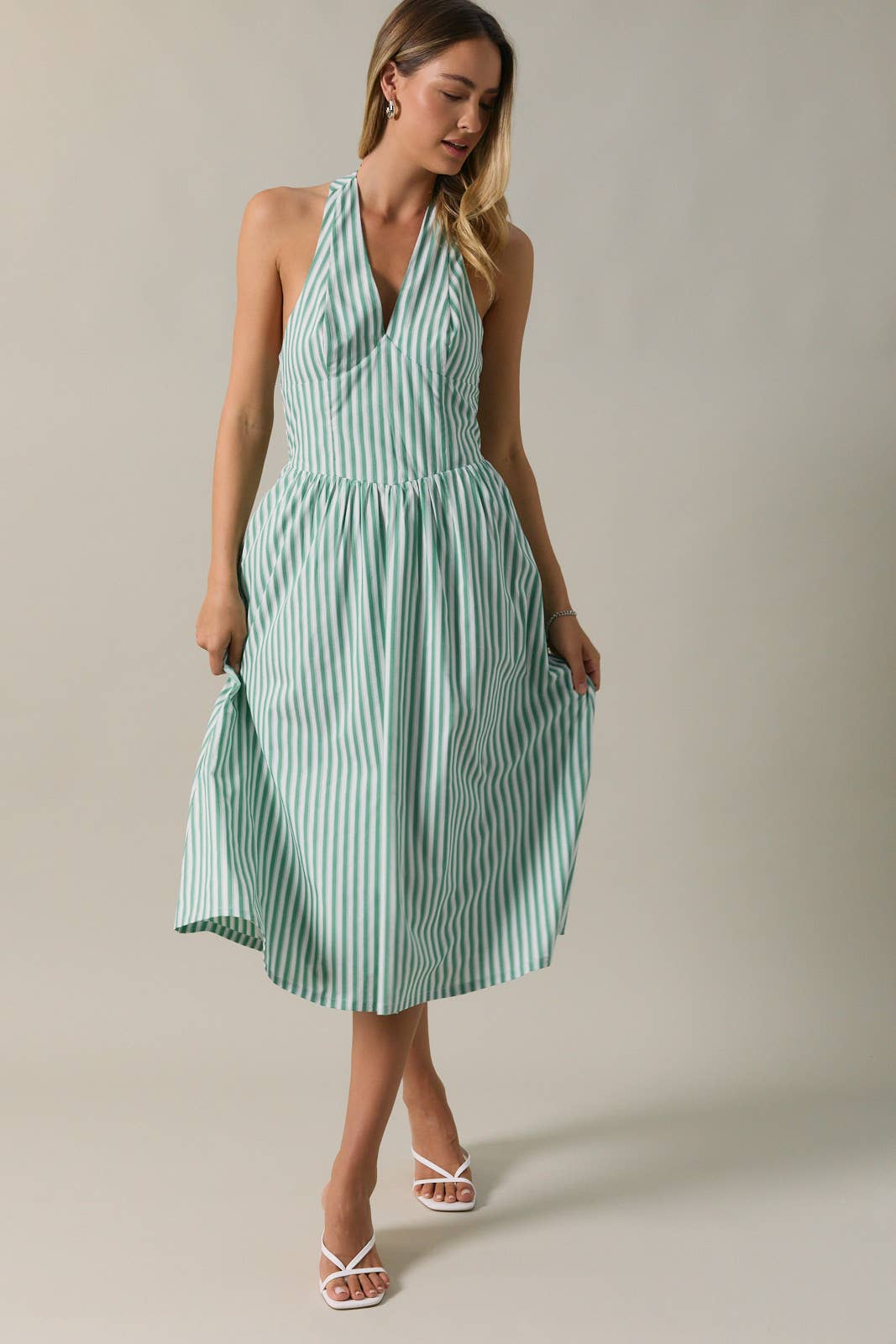 Halter Neck Sleeveless Fit & Flare Stripe Midi Dress
