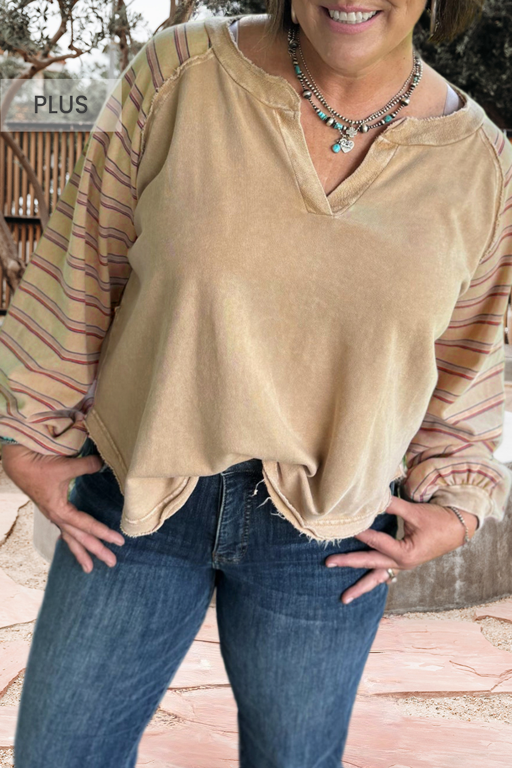 Striped Raglan Sleeve Notched Neck Raw Edge Plus Size Jumper
