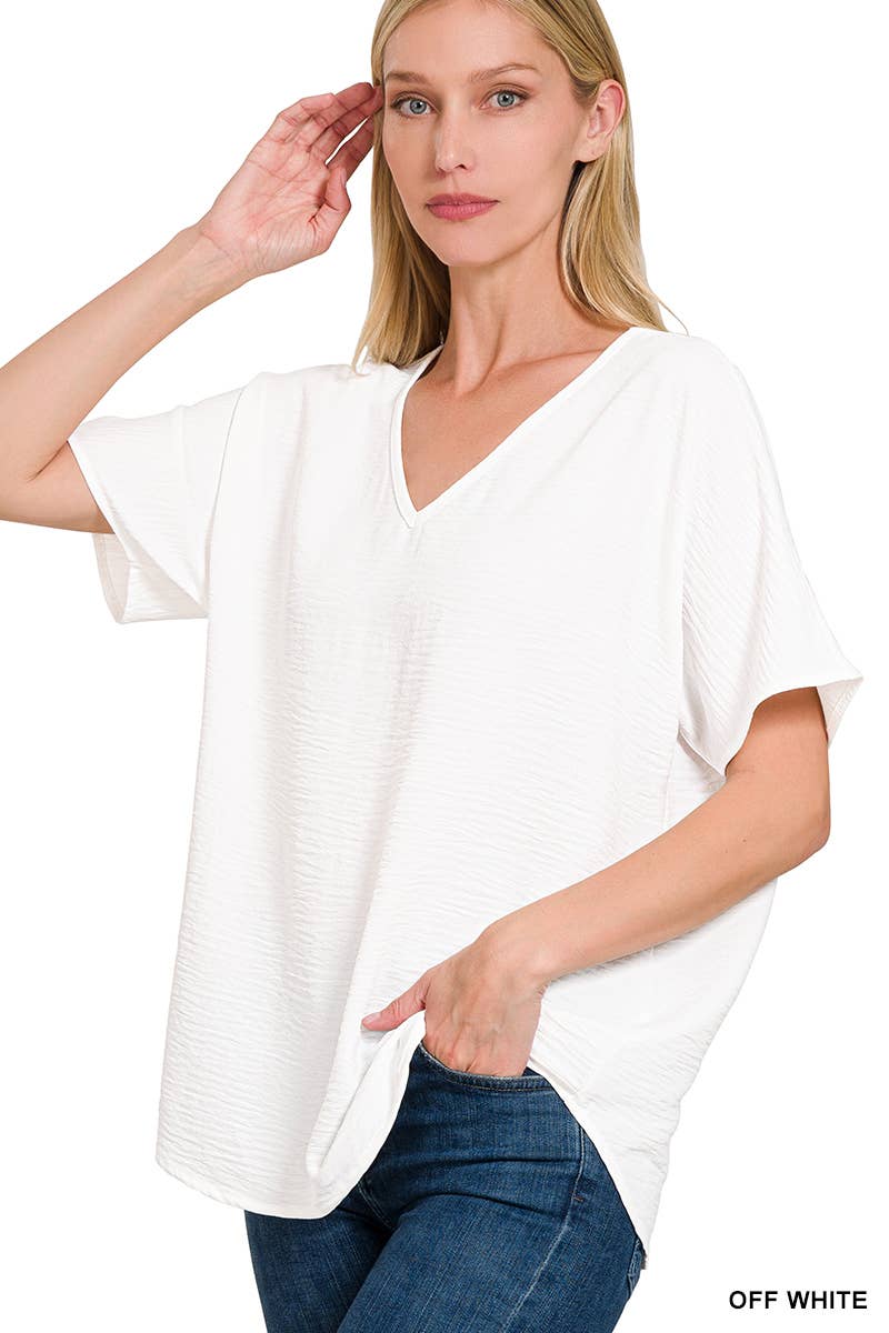 .SI-25520 Woven Airflow V Neck Short Sleeve Top