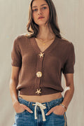 Coastal Seashell Button Textured Knit Cardigan Top