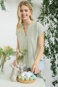 Split Neck Back Button Detail Short Sleeve Top