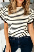 Stripe Scallop Lace Trim Ruffle Short Sleeves Top (S-Xl)