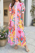 Floral Print Striped Trim Button Down Midi Dress (S-Xl)