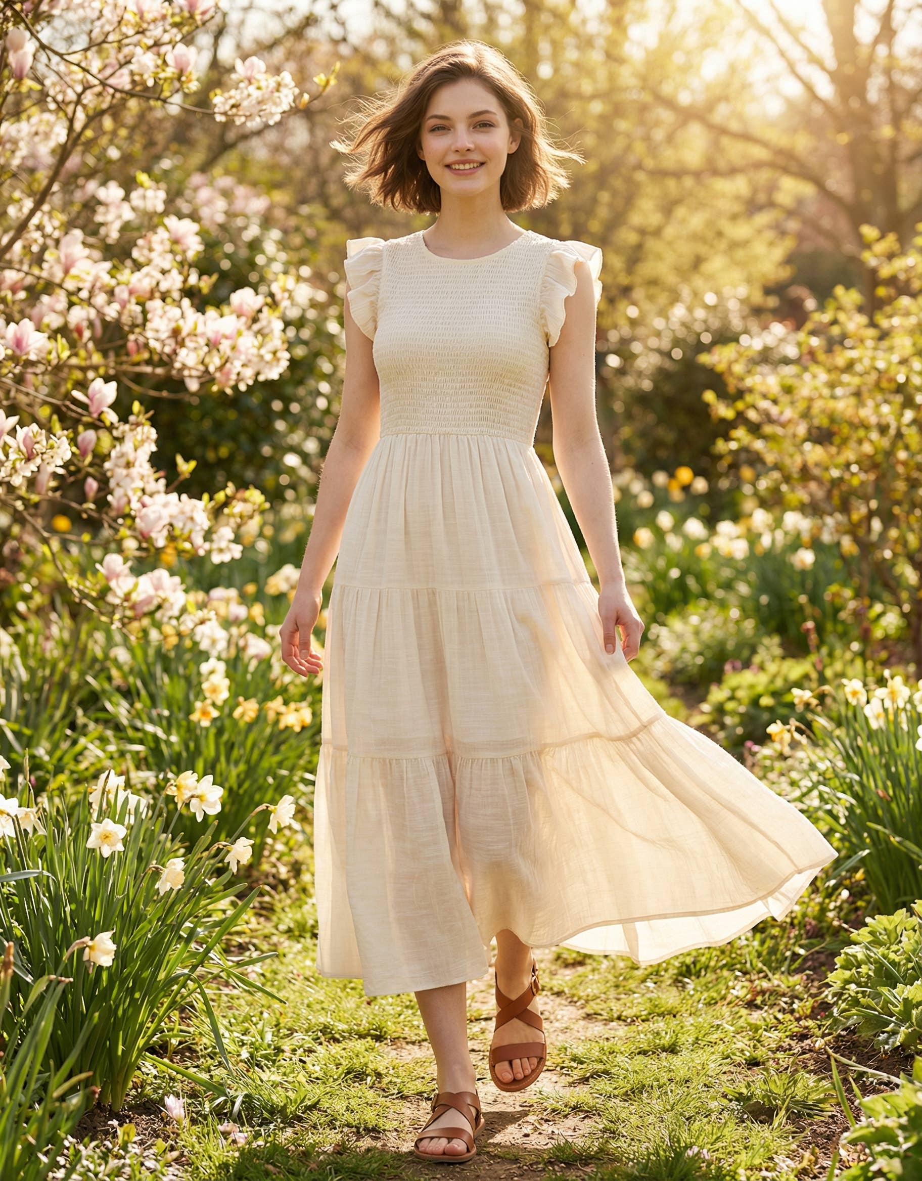....0121 Woven Smocked Ruffle Sleeve Midi Dress w/ Lining SI-29179